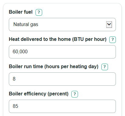 Example inputs for Boiler Running Cost Calculator