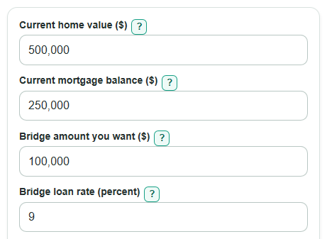 Example inputs for Bridge Loan Calculator