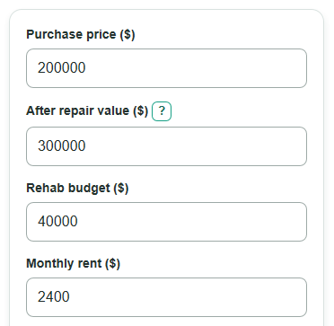 Example inputs for BRRRR Calculator