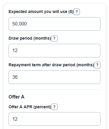Example inputs for Business Line of Credit Calculator