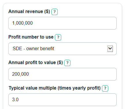 Example inputs for Business Valuation Calculator