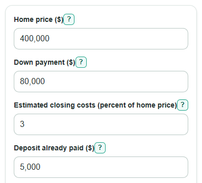 Example inputs for Buyer Closing Costs Calculator