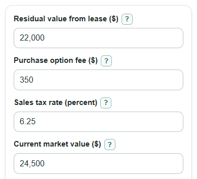 Example inputs for Car Lease Buyout Calculator
