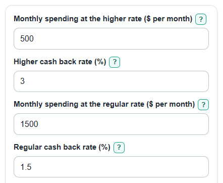 Example inputs for Cash Back Rewards Calculator