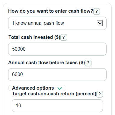 Example inputs for Cash on Cash Return Calculator