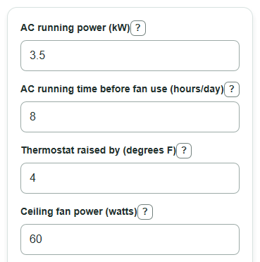 Example inputs for Ceiling Fan vs AC Savings Calculator