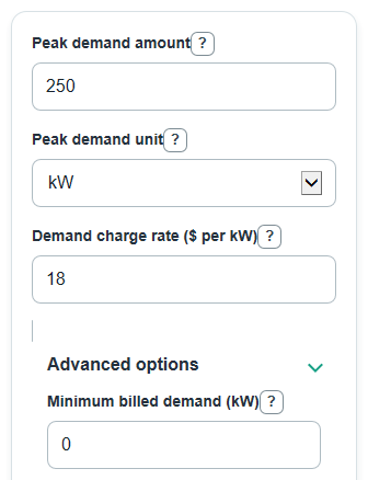 Example inputs for Commercial Electricity Demand Charge Calculator