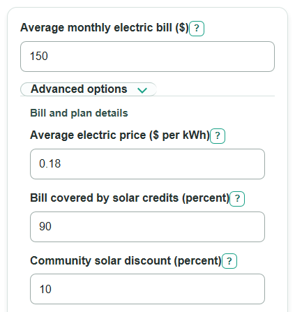 Example inputs for Community Solar Savings Calculator