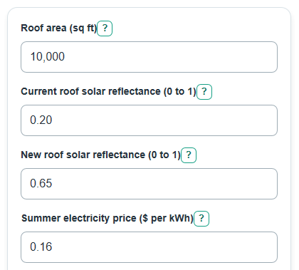 Example inputs for Cool Roof Energy Savings Calculator