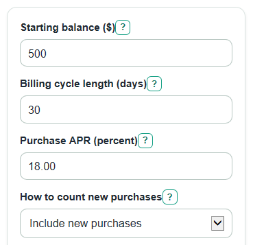 Example inputs for Credit Card Average Daily Balance Calculator