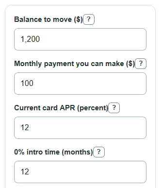 Example inputs for Credit Card Interest Savings Calculator