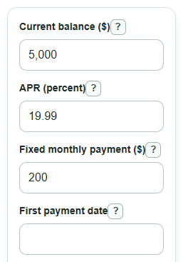 Example inputs for Credit Card Payoff with Fixed Payment Calculator