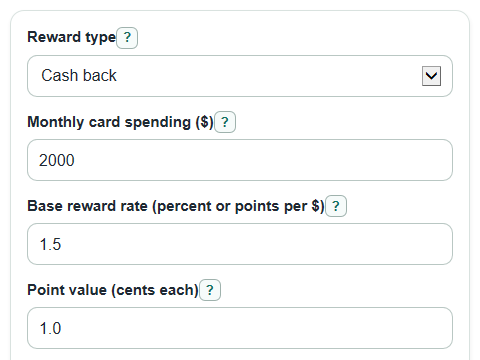 Example inputs for Credit Card Rewards Calculator