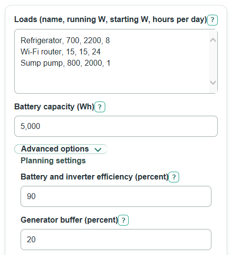 Example inputs for Critical Loads Backup Power Calculator
