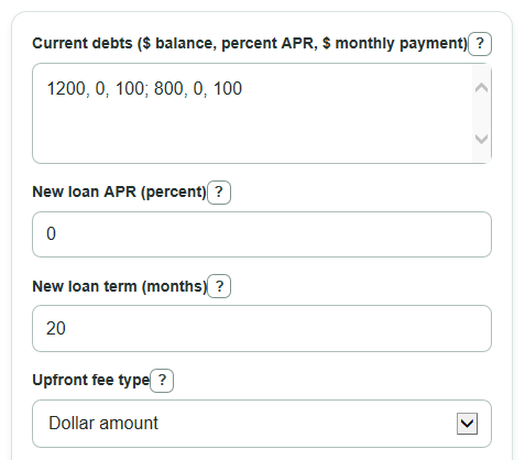 Example inputs for Debt Consolidation Break-Even Calculator