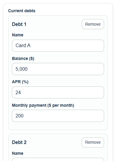 Example inputs for Debt Consolidation Loan Payment Calculator