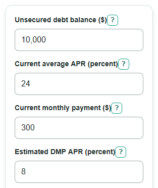 Example inputs for Debt Management Plan Calculator