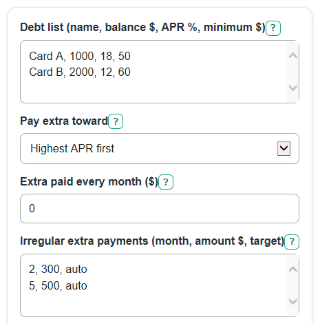 Example inputs for Debt Payoff with Irregular Payments Calculator