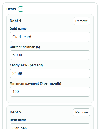 Example inputs for Debt Reduction Calculator