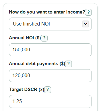Example inputs for Debt Service Coverage Ratio Calculator