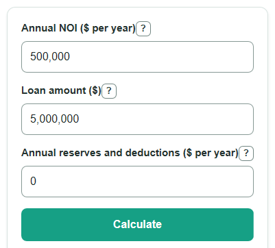 Example inputs for Debt Yield Calculator