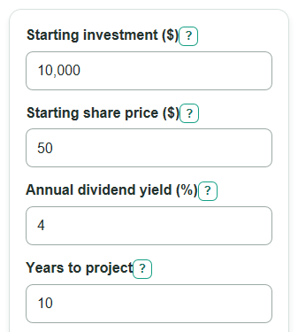Example inputs for Dividend Reinvestment Calculator