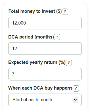 Example inputs for Dollar Cost Averaging Calculator
