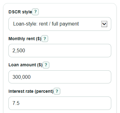 Example inputs for DSCR Loan Calculator