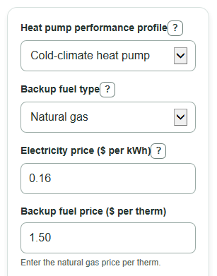 Example inputs for Dual Fuel Heat Pump Balance Point Calculator