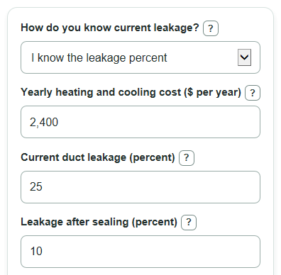 Example inputs for Duct Sealing Savings Calculator