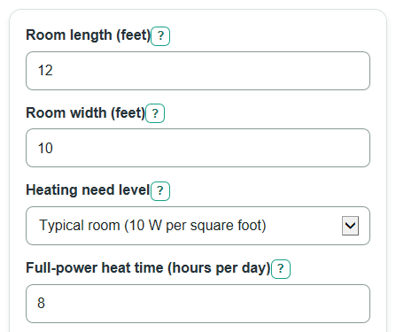 Example inputs for Electric Baseboard Heating Cost Calculator