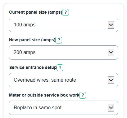 Example inputs for Electrical Panel Upgrade Cost Calculator