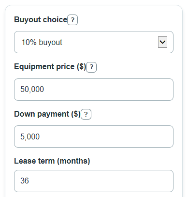 Example inputs for Equipment Lease Calculator