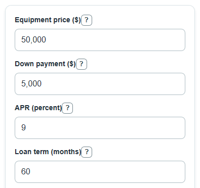Example inputs for Equipment Loan Calculator