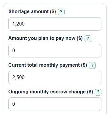 Example inputs for Escrow Shortage Calculator