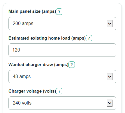 Example inputs for EV Charger Load vs Panel Upgrade Calculator
