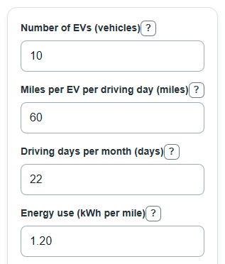 Example inputs for EV Fleet Charging Cost Calculator