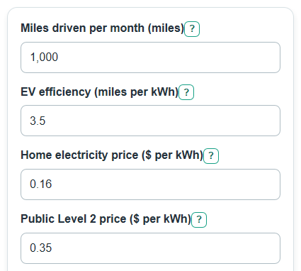 Example inputs for EV Home vs Public Charging Cost Calculator