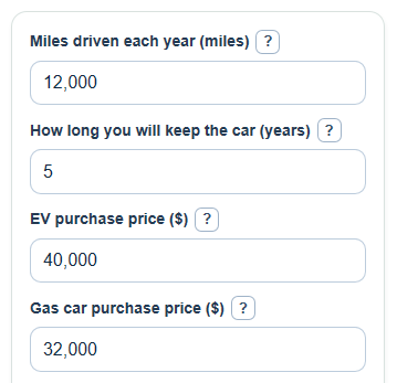 Example inputs for EV vs Gas Car Total Cost Calculator