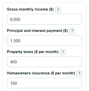 Example inputs for Front-End Debt-to-Income Calculator