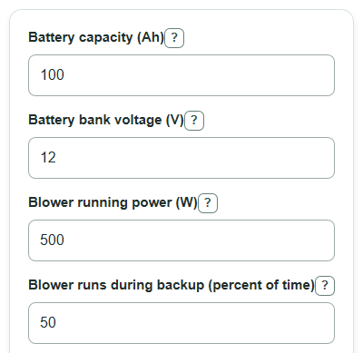 Example inputs for Furnace Blower Battery Backup Runtime Calculator
