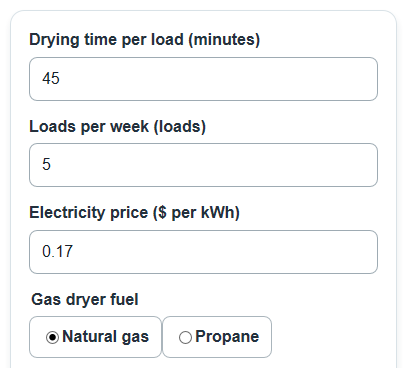 Example inputs for Gas vs Electric Dryer Cost Calculator