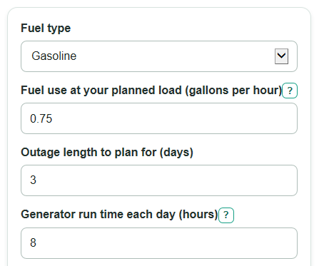 Example inputs for Generator Fuel Storage Calculator