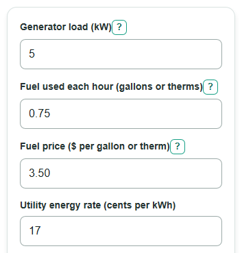 Example inputs for Generator vs Utility Power Cost Calculator