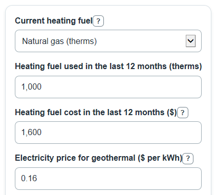Example inputs for Geothermal Heat Pump Payback Calculator