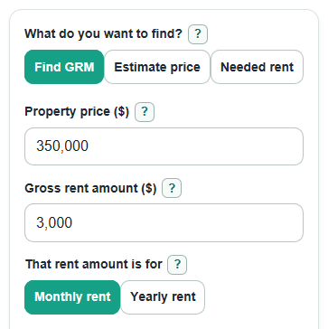 Example inputs for Gross Rent Multiplier Calculator