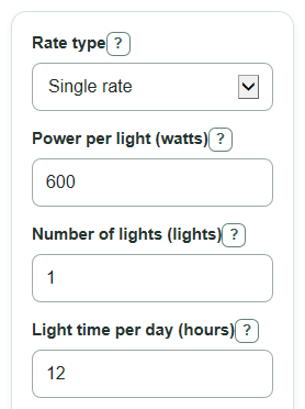 Example inputs for Grow Light Electricity Cost Calculator