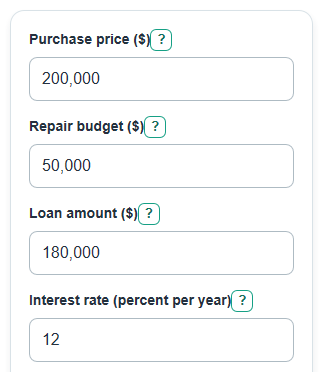 Example inputs for Hard Money Loan Calculator