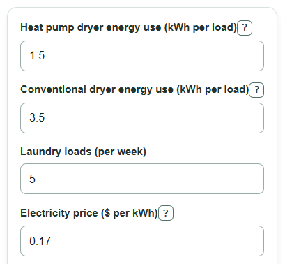 Example inputs for Heat Pump Dryer Savings Calculator
