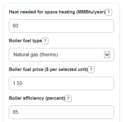 Example inputs for Heat Pump vs Boiler Calculator